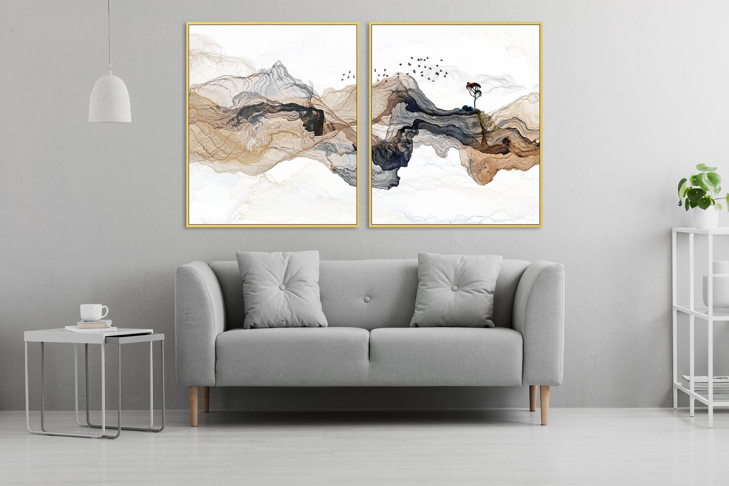 Abstrakte, moderne gerahmte Leinwand-Wandkunst, mehrteilige, extra große Druck-Wandkunst in goldenem Schweberahmen, 3er-Set Wandkunst zum Einzug