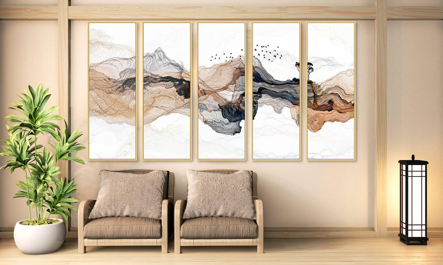 Abstrakte, moderne gerahmte Leinwand-Wandkunst, mehrteilige, extra große Druck-Wandkunst in goldenem Schweberahmen, 3er-Set Wandkunst zum Einzug