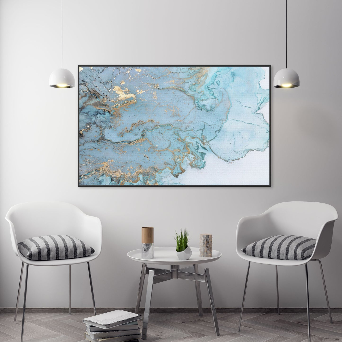 Moderne gerahmte blaue abstrakte Leinwand-Wandkunst, 3er-Set extragroße Drucke in schwarzem Schweberahmen, trendige mehrteilige Gemälde auf Leinwand