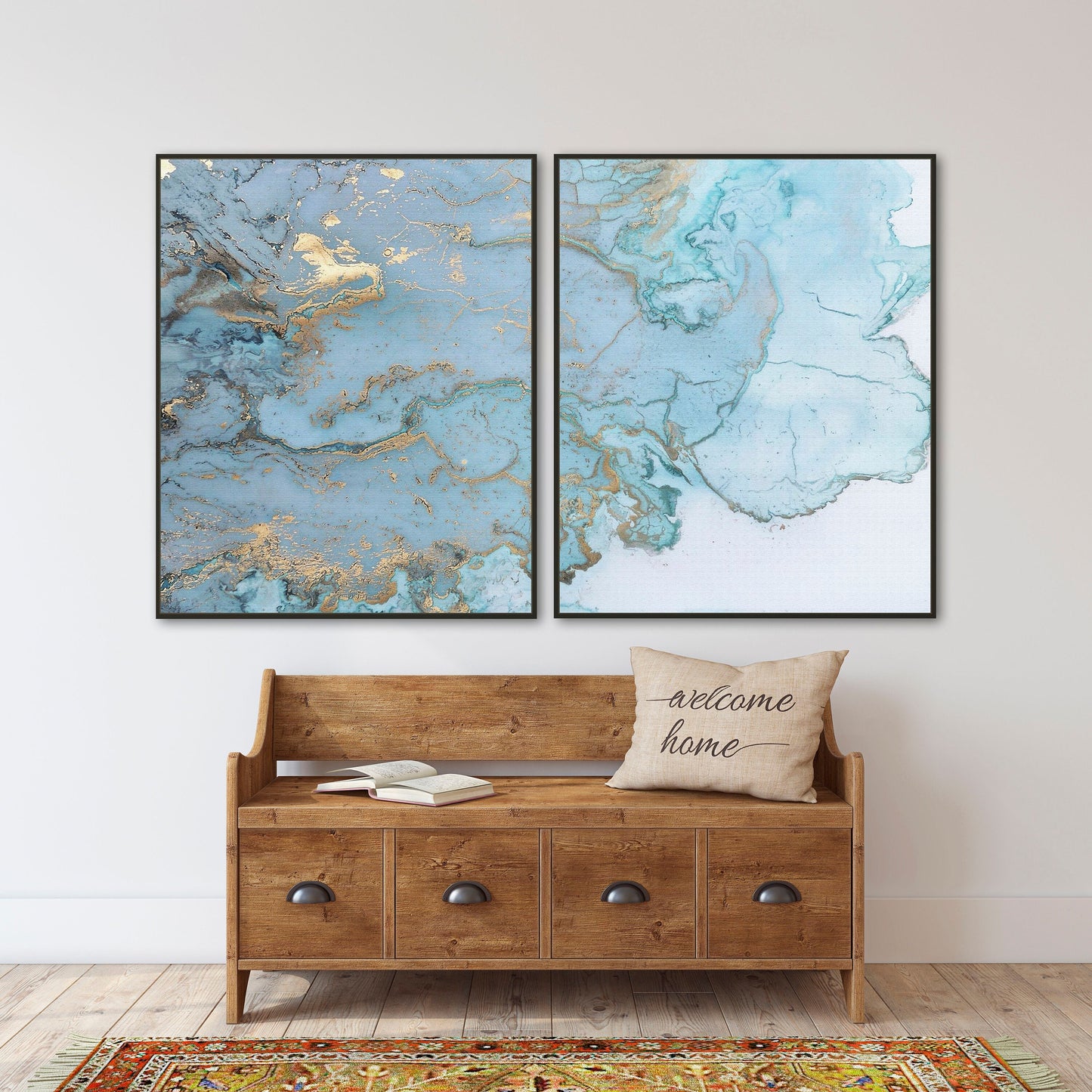 Moderne gerahmte blaue abstrakte Leinwand-Wandkunst, 3er-Set extragroße Drucke in schwarzem Schweberahmen, trendige mehrteilige Gemälde auf Leinwand