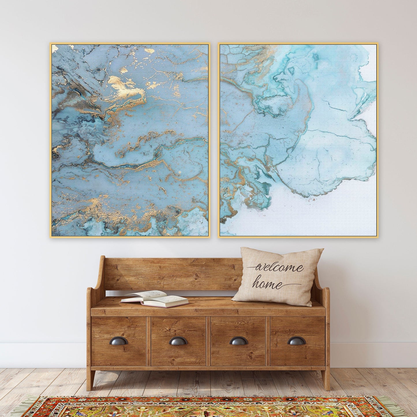 Abstrakte blaue moderne gerahmte Leinwandkunst, extra großer Mehrteilerdruck blau-goldene Wandkunst in goldenem Schweberahmen, Set von drei Kunstgeschenken