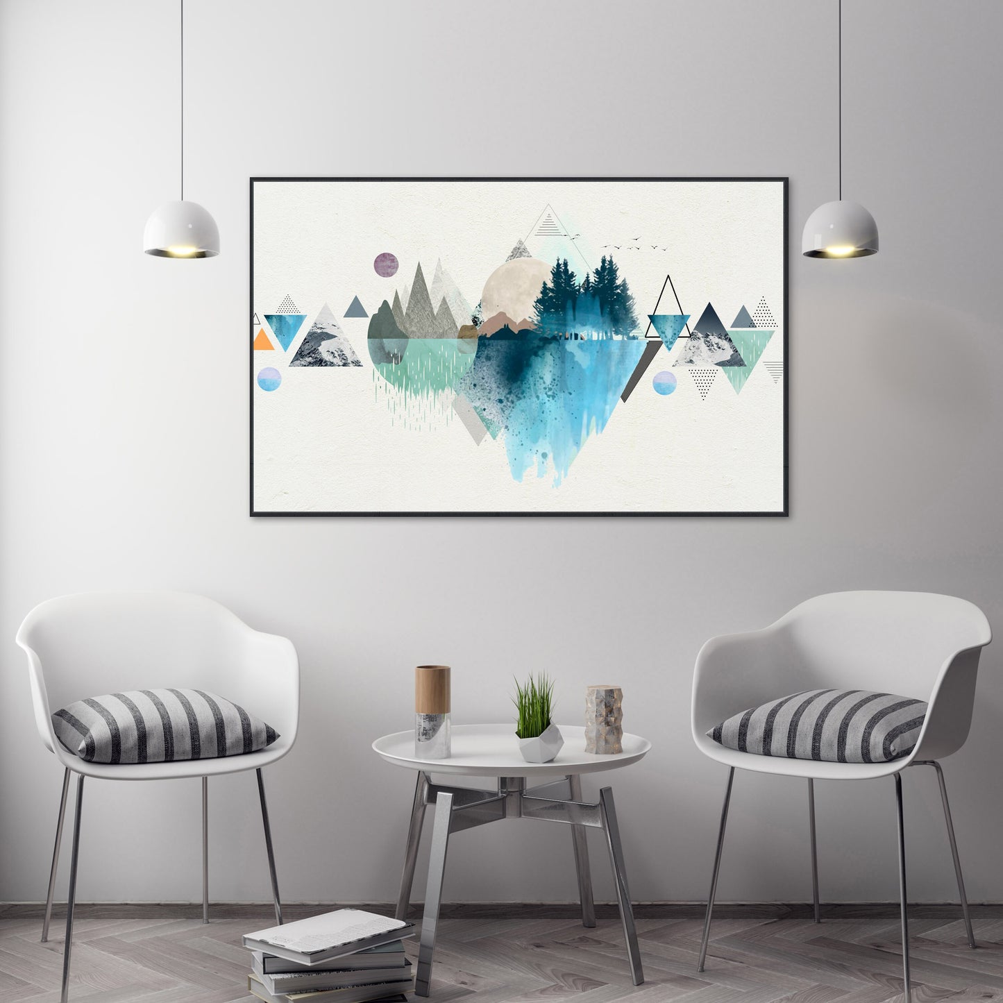 Abstrakte moderne blaue geometrische gerahmte Wandkunst, großes druckbares Leinwandbild mit abstrakten Bergen, mehrteilige Leinwandkunst mit schwarzem Rahmen