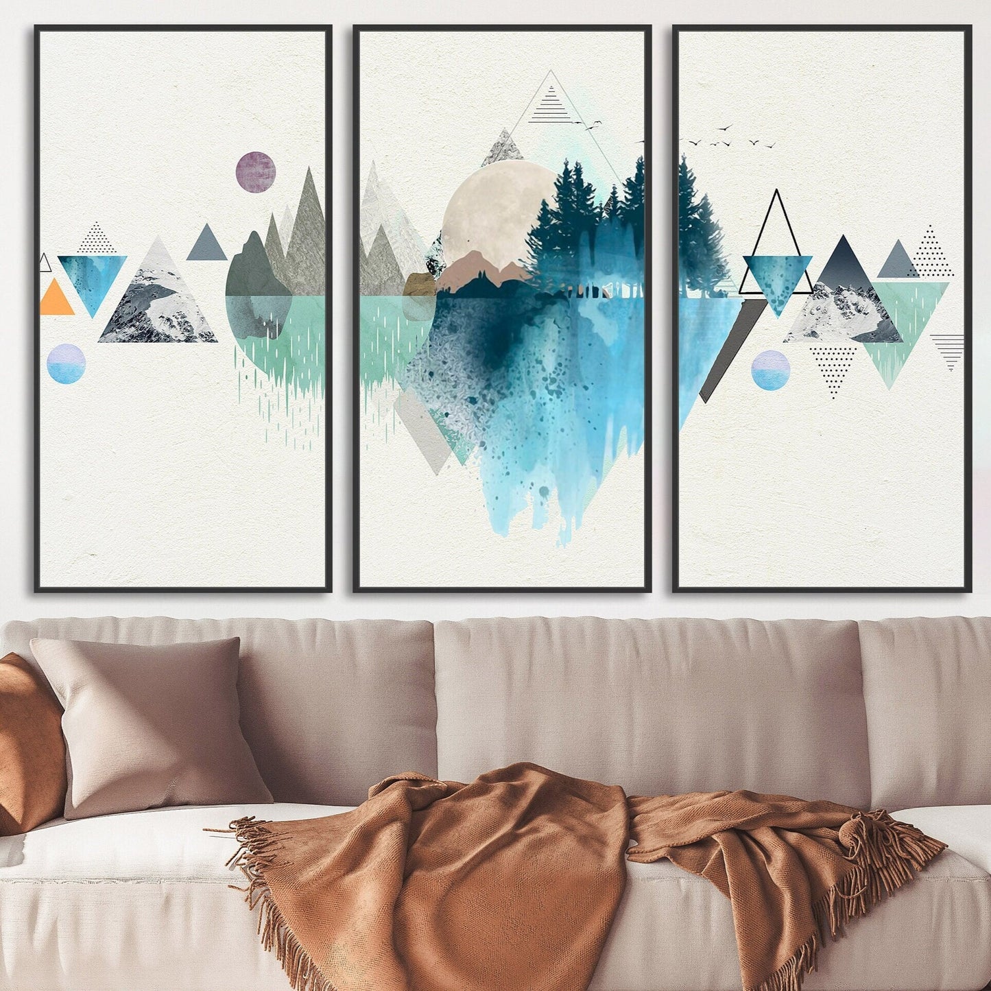 Abstrakte moderne blaue geometrische gerahmte Wandkunst, großes druckbares Leinwandbild mit abstrakten Bergen, mehrteilige Leinwandkunst mit schwarzem Rahmen