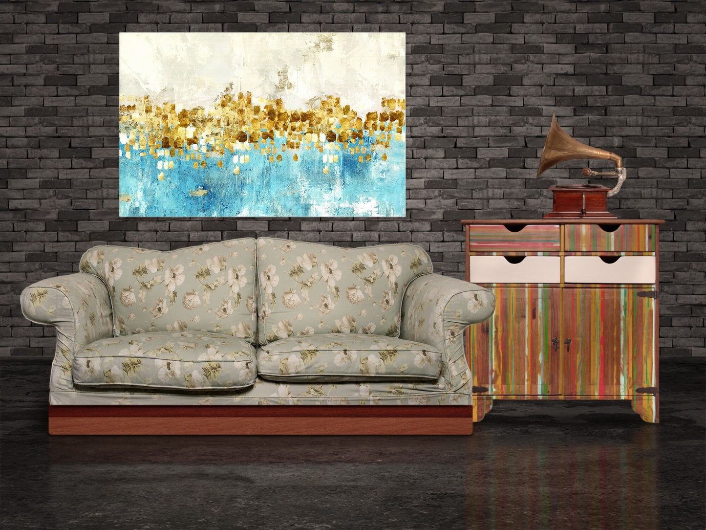 Großer weiß-blauer Leinwanddruck, abstraktes schwebendes Rahmen-Wandbild, minimalistisches Kunstwerk zur Wohnungserwärmung, abstraktes gerahmtes druckbares Wandbild