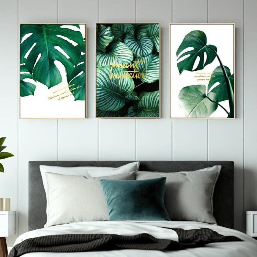 Dreiteilige Pflanzen-Wanddrucke im schwebenden Rahmen, modernes minimalistisches gerahmtes botanisches Kunstwerk, original grünes druckbares 3er-Set Leinwandbilder