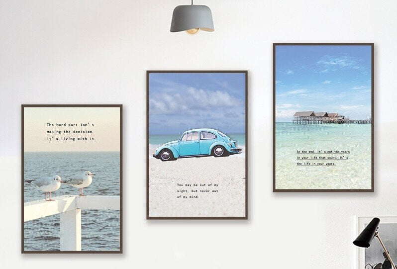 3er-Set maritimer Wandkunst in schwebendem Rahmen, dreiteilige Drucke auf nautischer Leinwand, blau gerahmtes Kunstwerk mit inspirierendem Spruch, Meereslandschaftskunst