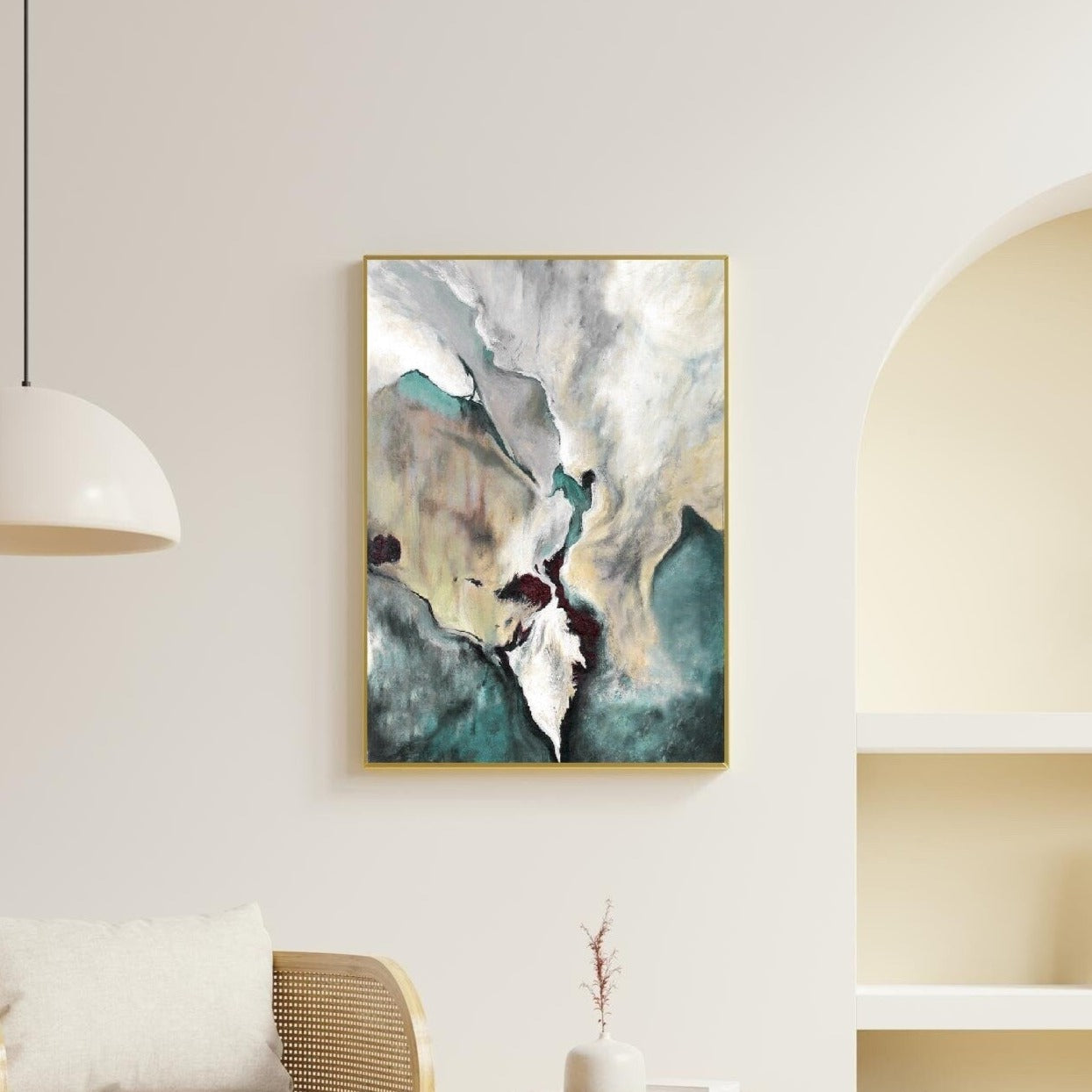 Moderner abstrakter Leinwanddruck, großer schwebender Marmorrahmen, blau-weiße Abstraktion fürs Wohnzimmer, gerahmtes Leinwandbild als Geschenk