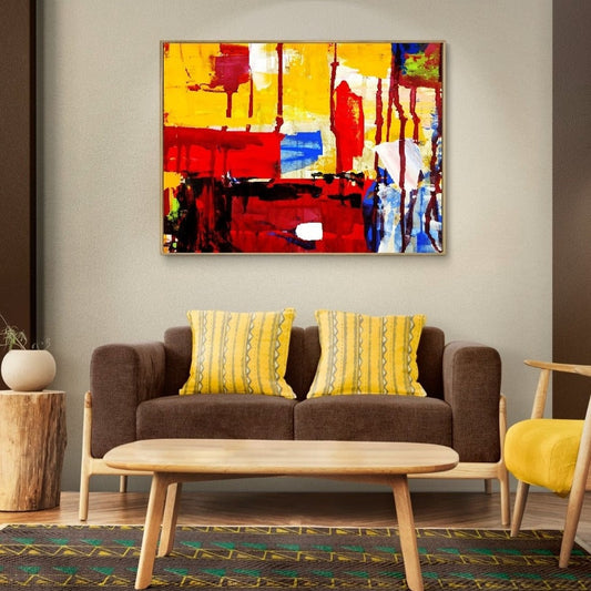 Farbenfrohe abstrakte Wandkunst, großer gerahmter Leinwanddruck, zeitgenössisches Floater-Rahmen-Kunstwerk, lebendiger mehrfarbiger Druck, hängende Leinwandkunst