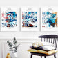 Abstraktes 3-teiliges Leinwandbild, gerahmtes blaues druckbares Kunstwerk, Set aus drei Floater-Rahmendrucken, drei farbenfrohe gerahmte Kunstwerke für zu Hause