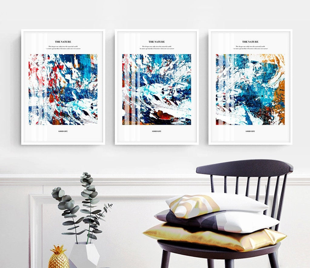 Abstraktes 3-teiliges Leinwandbild, gerahmtes blaues druckbares Kunstwerk, Set aus drei Floater-Rahmendrucken, drei farbenfrohe gerahmte Kunstwerke für zu Hause
