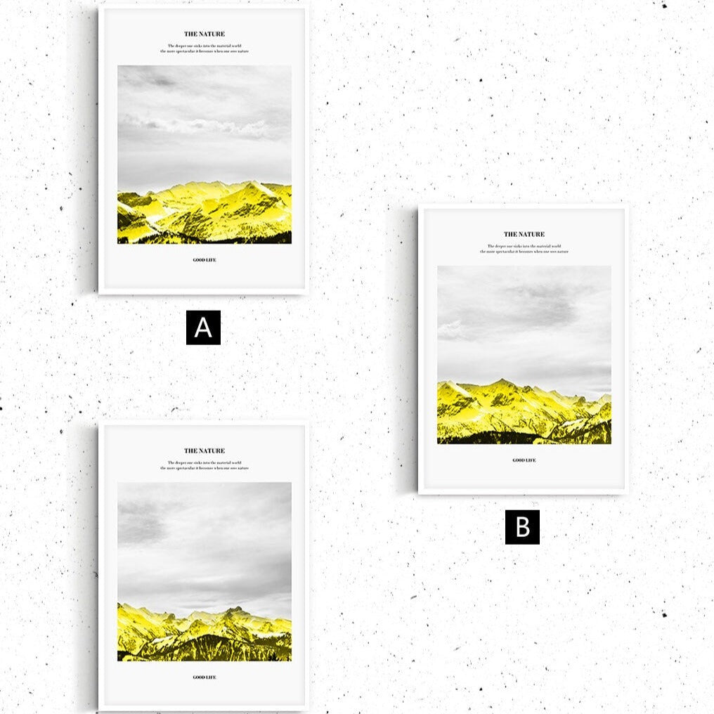 Berge dreiteiliges gerahmtes Wandbild, abstraktes Floater-Rahmen-Kunstwerk, 3er-Set Landschaftsdrucke, gelb-weiß gerahmtes Wanddekor