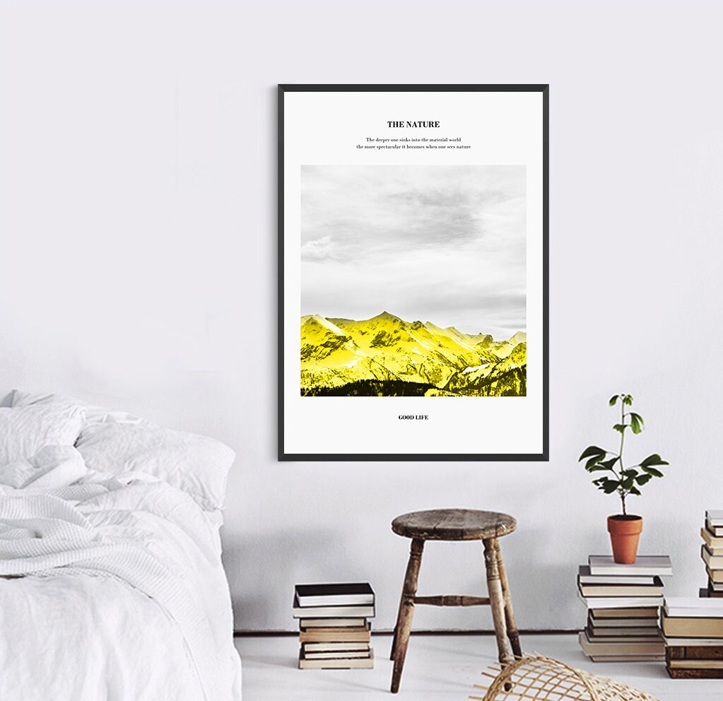 Berge dreiteiliges gerahmtes Wandbild, abstraktes Floater-Rahmen-Kunstwerk, 3er-Set Landschaftsdrucke, gelb-weiß gerahmtes Wanddekor