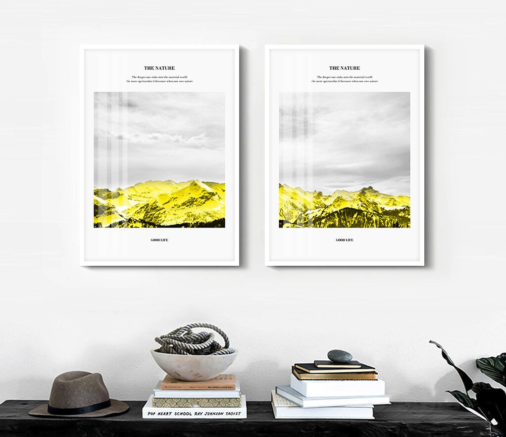 Berge dreiteiliges gerahmtes Wandbild, abstraktes Floater-Rahmen-Kunstwerk, 3er-Set Landschaftsdrucke, gelb-weiß gerahmtes Wanddekor