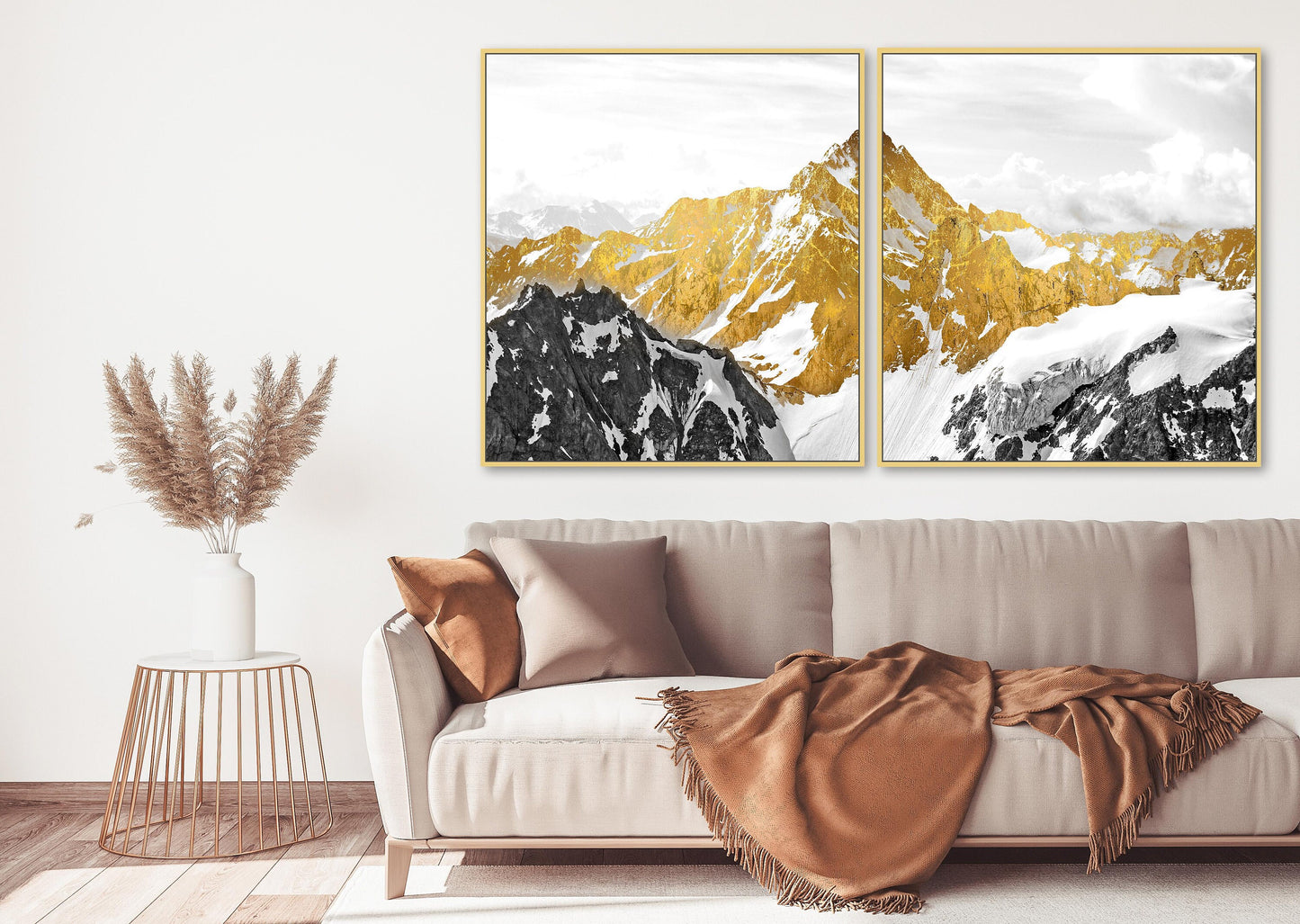 Mehrteiliges Wandbild mit goldenen Bergen auf Leinwand, 3er-Set Wandkunst mit Bergmotiven in schwebendem goldenen Rahmen, asiatische Naturwandkunst als Geschenk