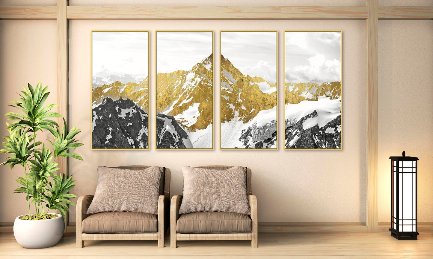 Mehrteiliges Wandbild mit goldenen Bergen auf Leinwand, 3er-Set Wandkunst mit Bergmotiven in schwebendem goldenen Rahmen, asiatische Naturwandkunst als Geschenk