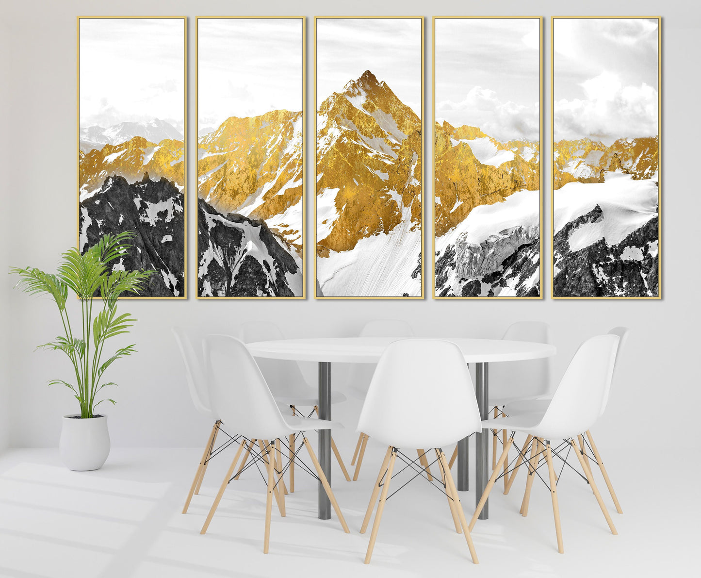 Mehrteiliges Wandbild mit goldenen Bergen auf Leinwand, 3er-Set Wandkunst mit Bergmotiven in schwebendem goldenen Rahmen, asiatische Naturwandkunst als Geschenk