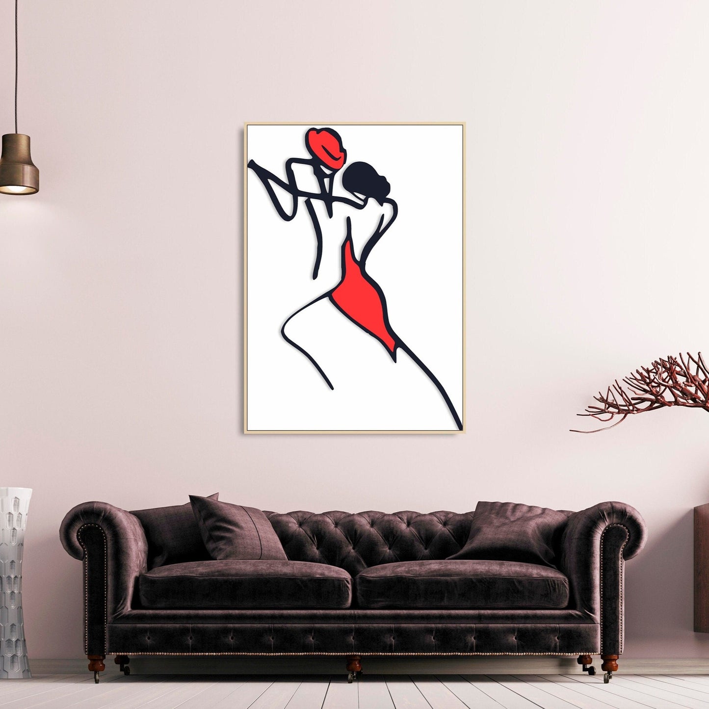 Abstraktes Paar-Wandbild, modernes gerahmtes Leinwandbild mit einer Linie, schwarz-rotes druckbares Wanddekor im schwebenden Rahmen, Liebeswandbild