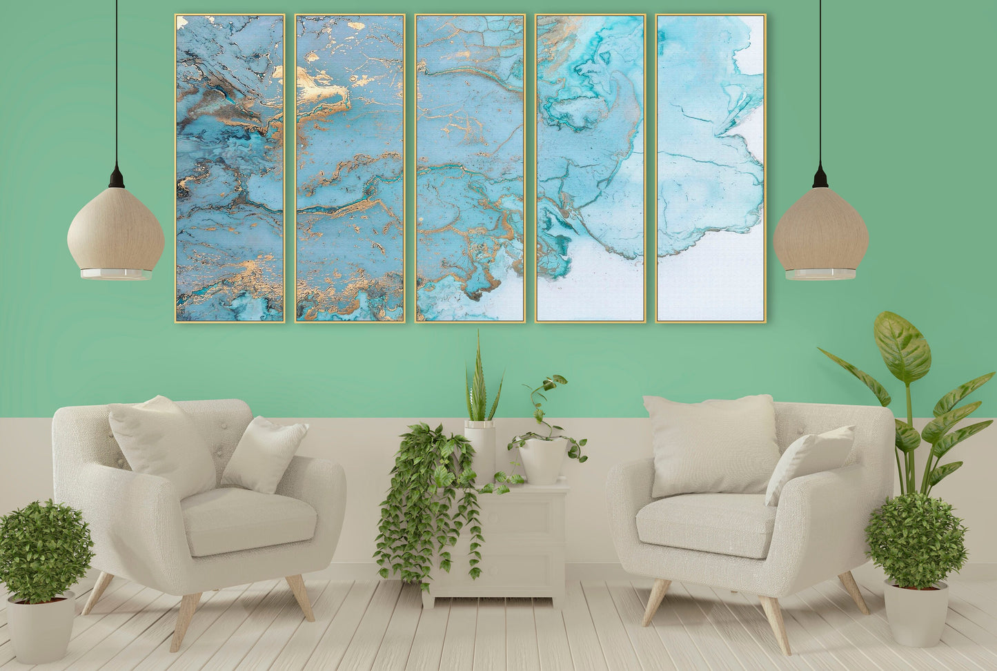 Abstrakte blaue moderne gerahmte Leinwandkunst, extra großer Mehrteilerdruck blau-goldene Wandkunst in goldenem Schweberahmen, Set von drei Kunstgeschenken