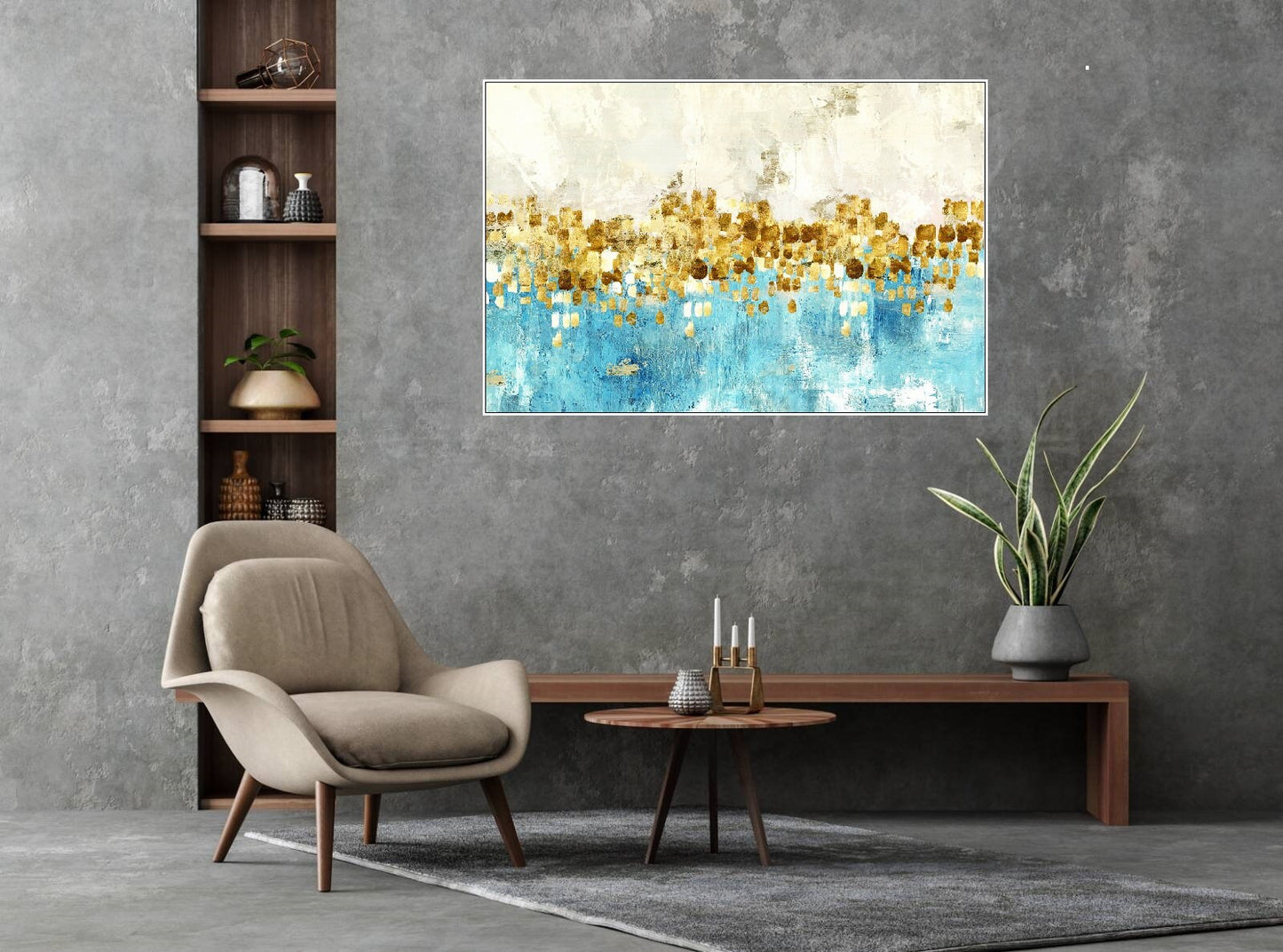 Großer weiß-blauer Leinwanddruck, abstraktes schwebendes Rahmen-Wandbild, minimalistisches Kunstwerk zur Wohnungserwärmung, abstraktes gerahmtes druckbares Wandbild