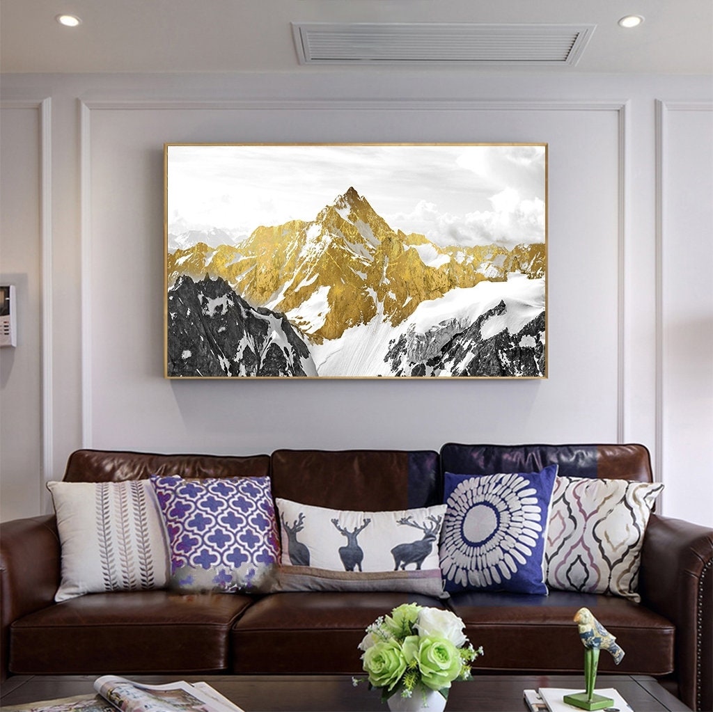 Goldene Berge Leinwand Wandkunst, Gold Floater Rahmen druckbares Kunstwerk, großer Natur Leinwanddruck, Landschaft Wandkunst, Geschenk zur Wohnungserwärmung
