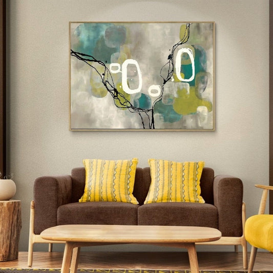 Moderne abstrakte Wandkunst, mehrfarbiger gerahmter Leinwanddruck, großes Floater-Rahmen-Kunstwerk, schlichte zeitgenössische abstrakte Leinwand-Wandkunst