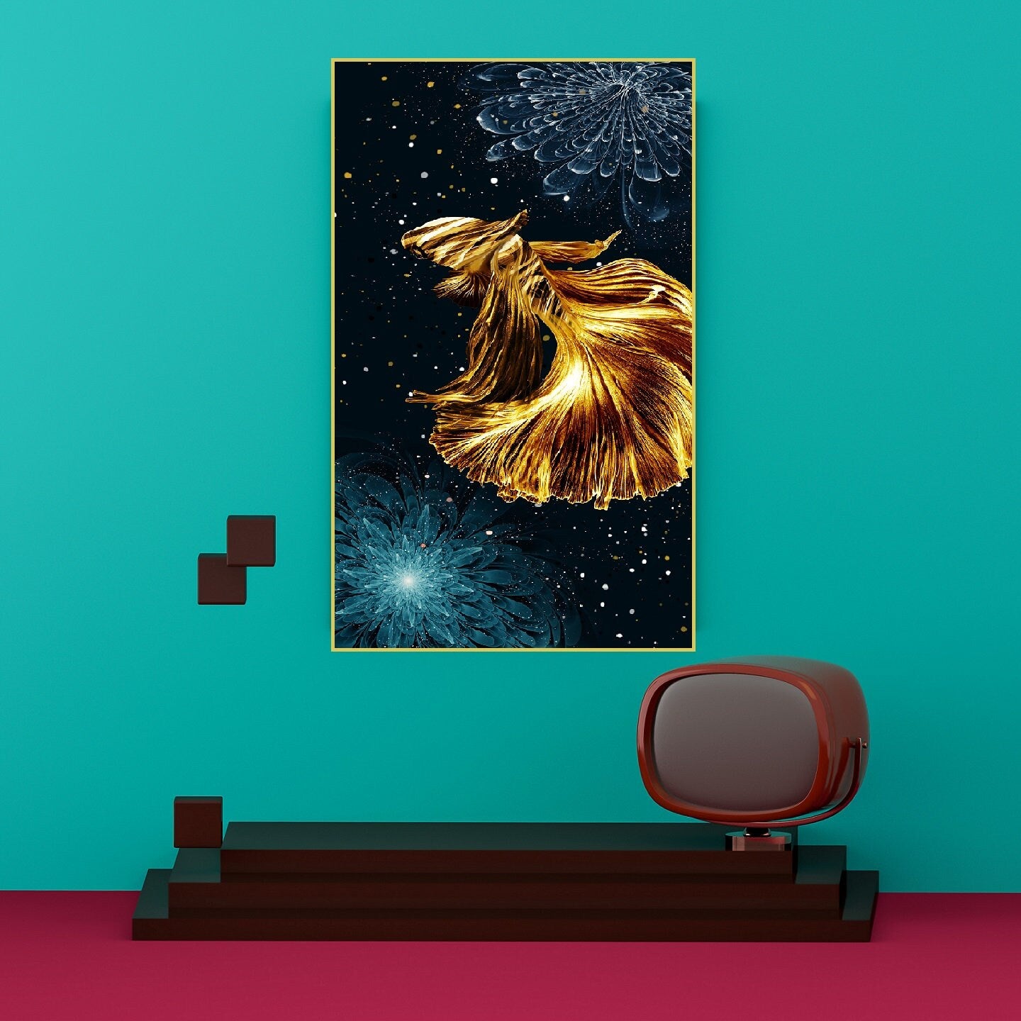 Abstrakte Leinwandbilder in Blau und Gold, modernes vertikales Wanddekor im Floater-Rahmen, extra große bunte Leinwandbilder