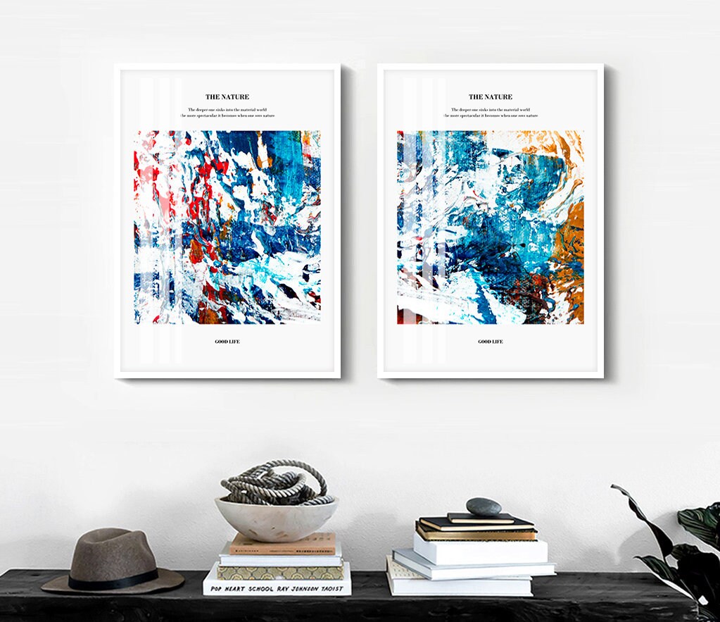 Abstraktes 3-teiliges Leinwandbild, gerahmtes blaues druckbares Kunstwerk, Set aus drei Floater-Rahmendrucken, drei farbenfrohe gerahmte Kunstwerke für zu Hause
