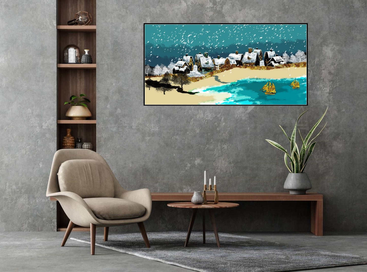 Extra großes druckbares gerahmtes Leinwandbild mit verschneitem Dorf, blaues Wandbild im Floater-Rahmen, Winter-Wanddekor, Bauernhaus-Leinwanddruck