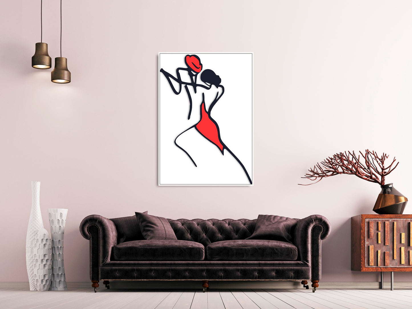 Abstraktes Paar-Wandbild, modernes gerahmtes Leinwandbild mit einer Linie, schwarz-rotes druckbares Wanddekor im schwebenden Rahmen, Liebeswandbild
