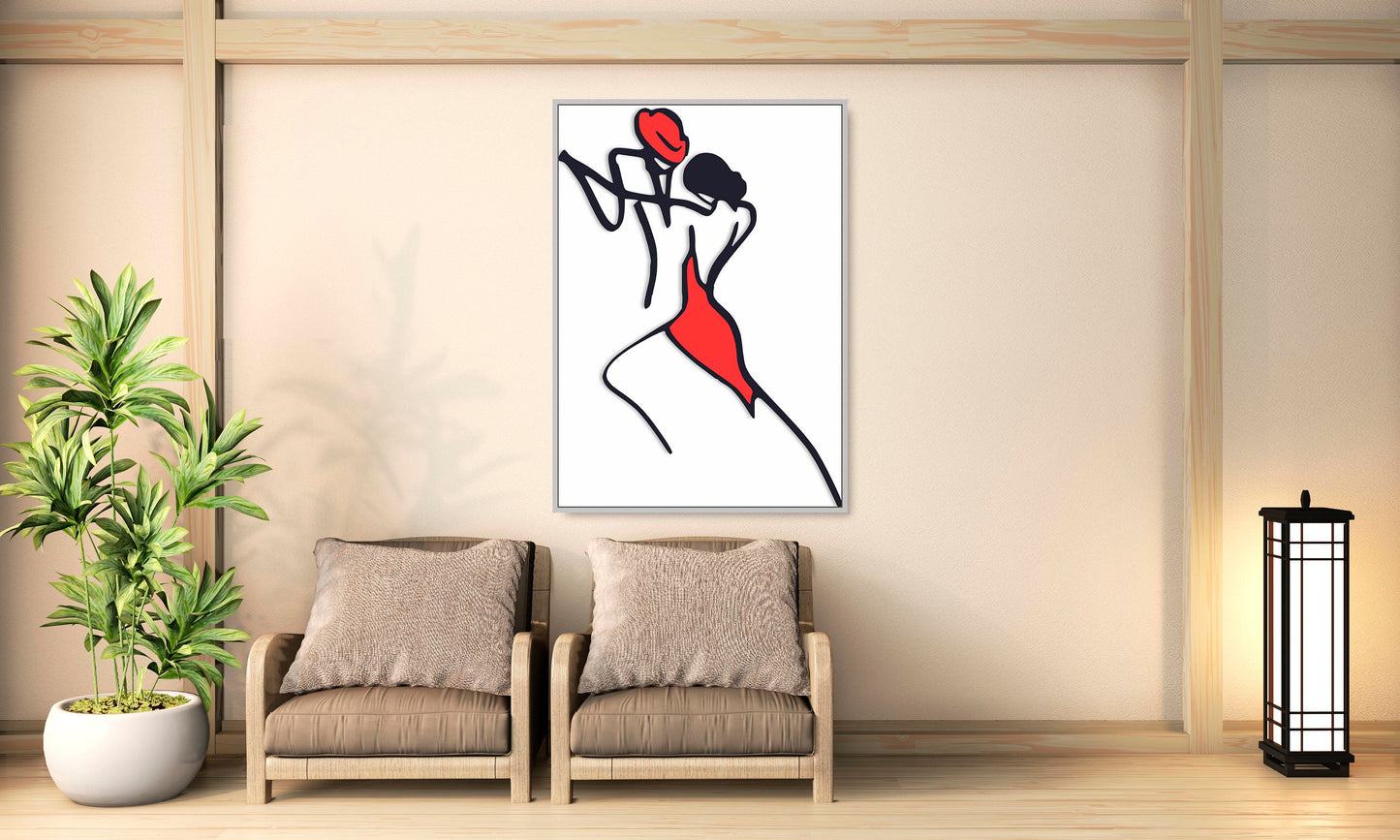 Abstraktes Paar-Wandbild, modernes gerahmtes Leinwandbild mit einer Linie, schwarz-rotes druckbares Wanddekor im schwebenden Rahmen, Liebeswandbild