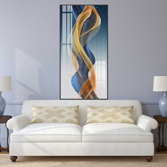 Blaue abstrakte gerahmte Wandkunst, blau-goldener Wellen-Leinwanddruck im Floater-Rahmen, extra großes goldenes Wanddekor, Wohnzimmer-Wandkunst