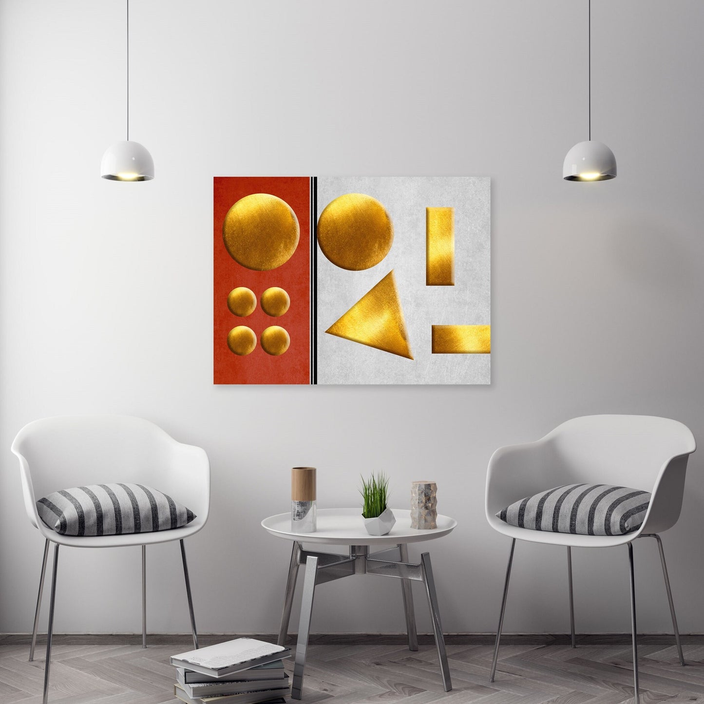 Abstrakte gerahmte geometrische Wandkunst, Kreise hängende Wanddekoration im Floater-Rahmen, modernes orange-weißes druckbares Kunstwerk für das Wohnzimmer