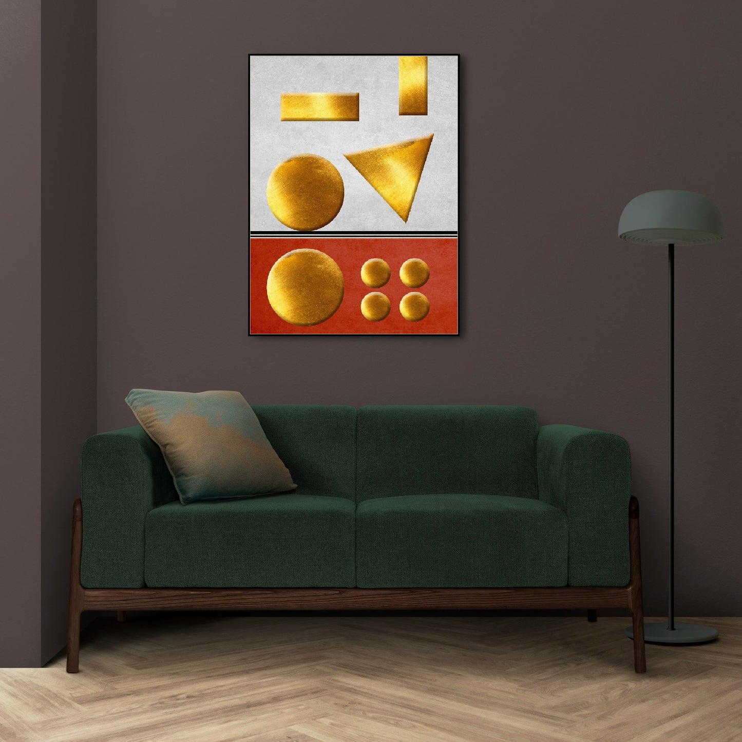 Abstrakte gerahmte geometrische Wandkunst, Kreise hängende Wanddekoration im Floater-Rahmen, modernes orange-weißes druckbares Kunstwerk für das Wohnzimmer