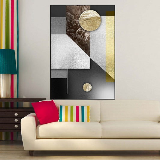 Geometrisch druckbare Leinwandkunst, abstrakte gerahmte Wandkunst, graues Floater-Rahmen-Kunstwerk für Wohnzimmer, geometrisches Wanddekor