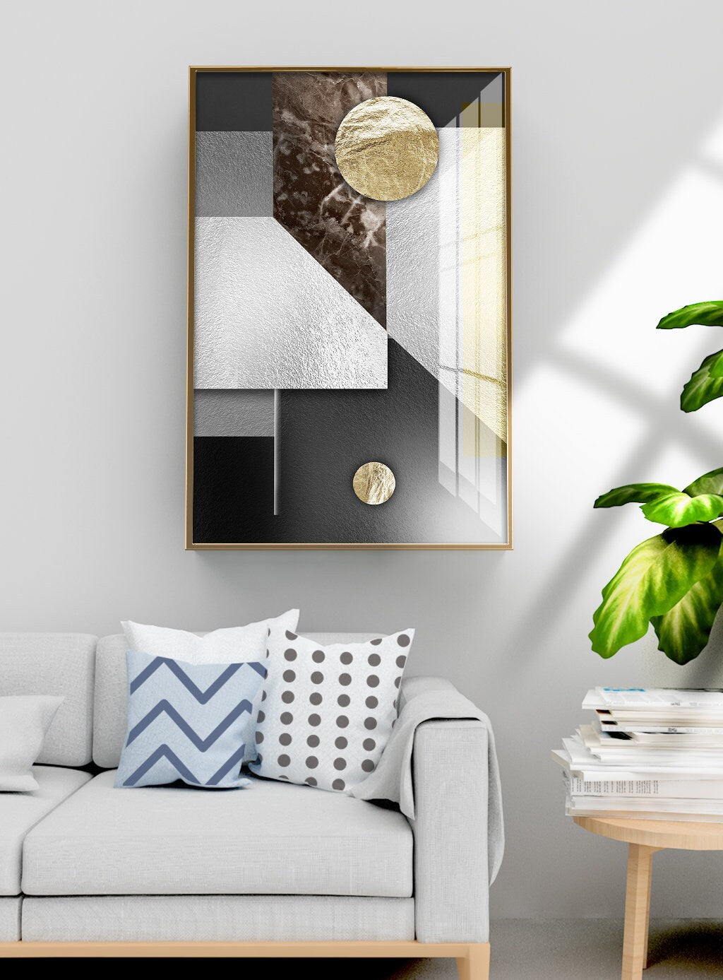 Geometrisch druckbare Leinwandkunst, abstrakte gerahmte Wandkunst, graues Floater-Rahmen-Kunstwerk für Wohnzimmer, geometrisches Wanddekor