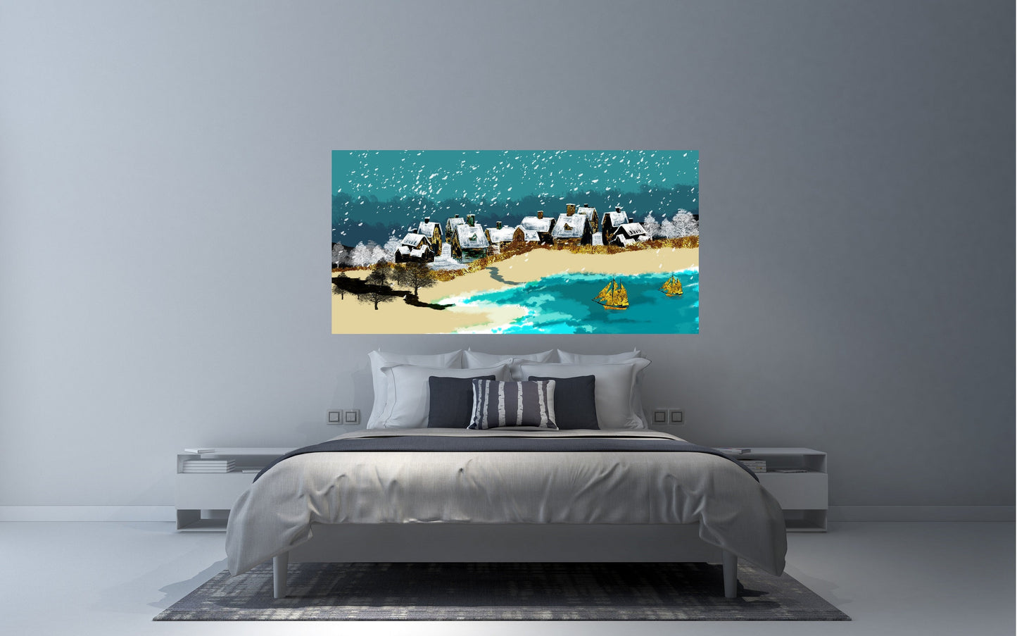 Extra großes druckbares gerahmtes Leinwandbild mit verschneitem Dorf, blaues Wandbild im Floater-Rahmen, Winter-Wanddekor, Bauernhaus-Leinwanddruck