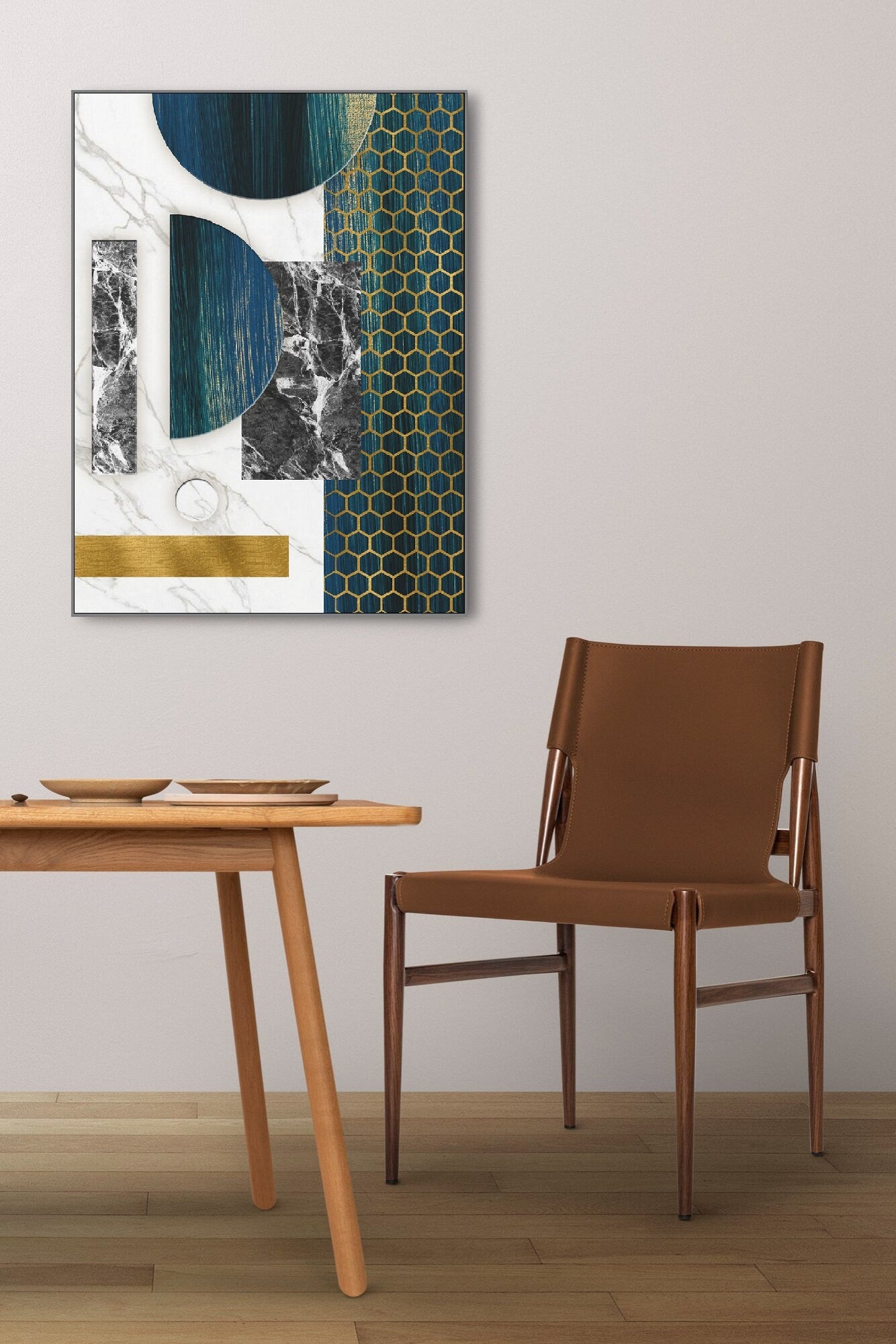 Geometrisches gerahmtes Kunstwerk, abstraktes modernes Floater-Rahmen-Wandbild, großes blau-goldenes druckbares Leinwandbild, Wanddekoration für Schlafzimmer