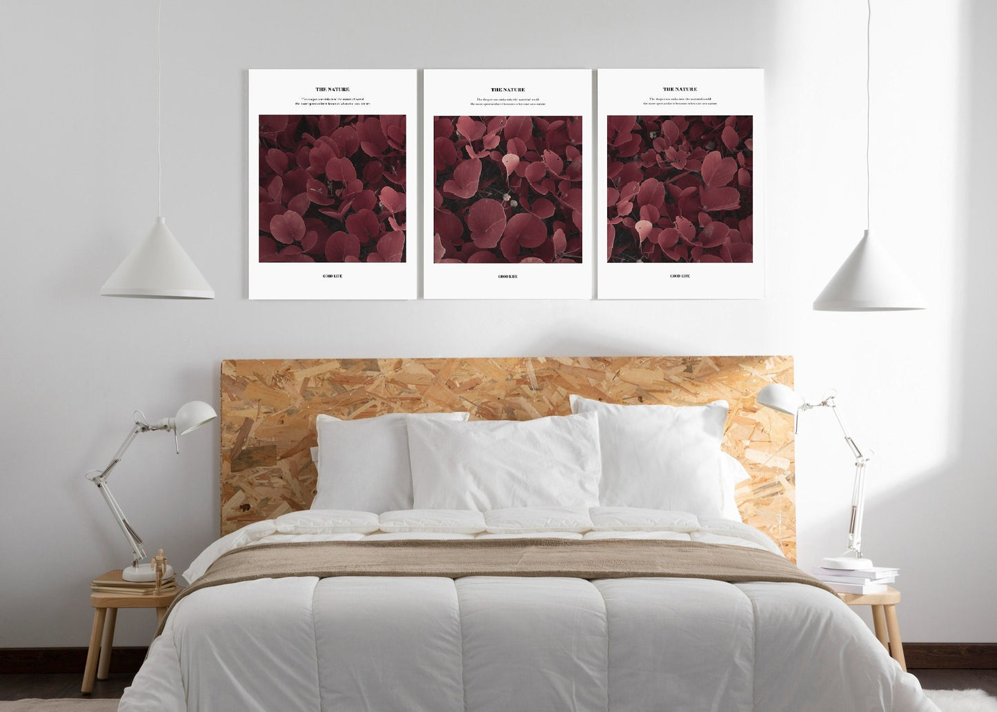 Großes dreiteiliges gerahmtes Natur-Wandbild, Wanddeko mit lila Blättern in schwebendem Rahmen, modernes Set floraler botanischer Leinwandgemälde