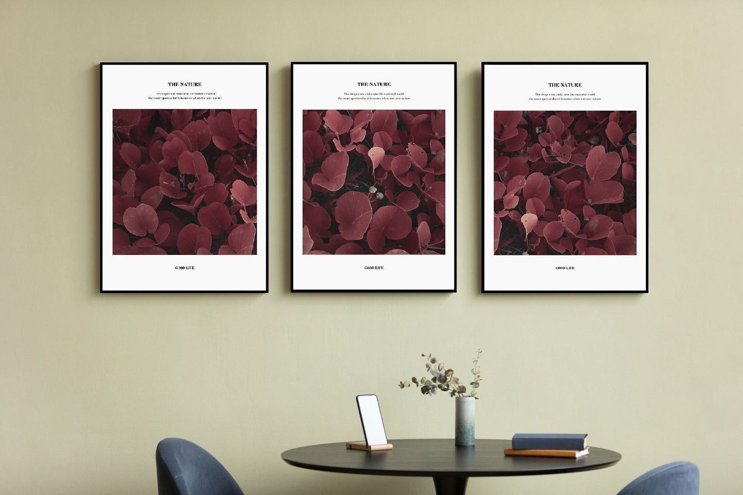 Großes dreiteiliges gerahmtes Natur-Wandbild, Wanddeko mit lila Blättern in schwebendem Rahmen, modernes Set floraler botanischer Leinwandgemälde