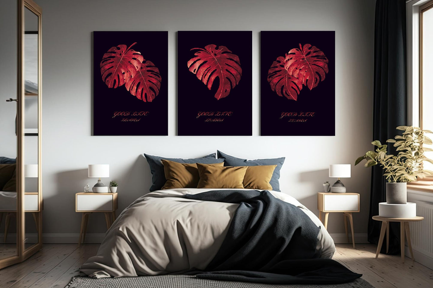 3er-Set Natur-Leinwanddrucke, Wandkunst mit schwebendem Rahmen und roten Blättern, extra großes botanisches Wanddekor, trendiges dreiteiliges Kunstwerk