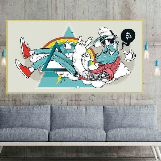 Moderne Hipster-Wandkunst, Leinwanddruck im Floater-Rahmen, Wanddekoration mit Cartoon-Mann, extra großes gerahmtes horizontales druckbares Kunstwerk