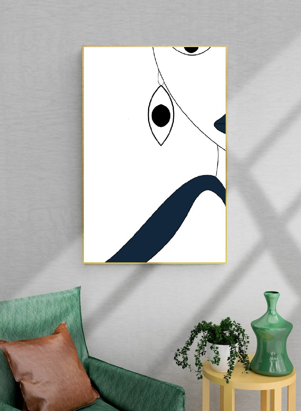 Abstraktes Floater-Rahmen-Set mit 3 Wandkunstwerken, gerahmte hängende Wanddekoration mit Gesichtern, Set mit drei modernen Leinwanddrucken, weiß-blaue Wandkunst