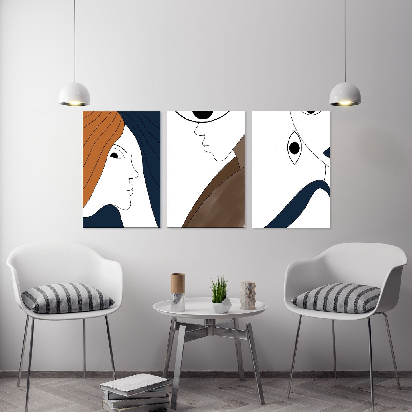 Abstraktes Floater-Rahmen-Set mit 3 Wandkunstwerken, gerahmte hängende Wanddekoration mit Gesichtern, Set mit drei modernen Leinwanddrucken, weiß-blaue Wandkunst