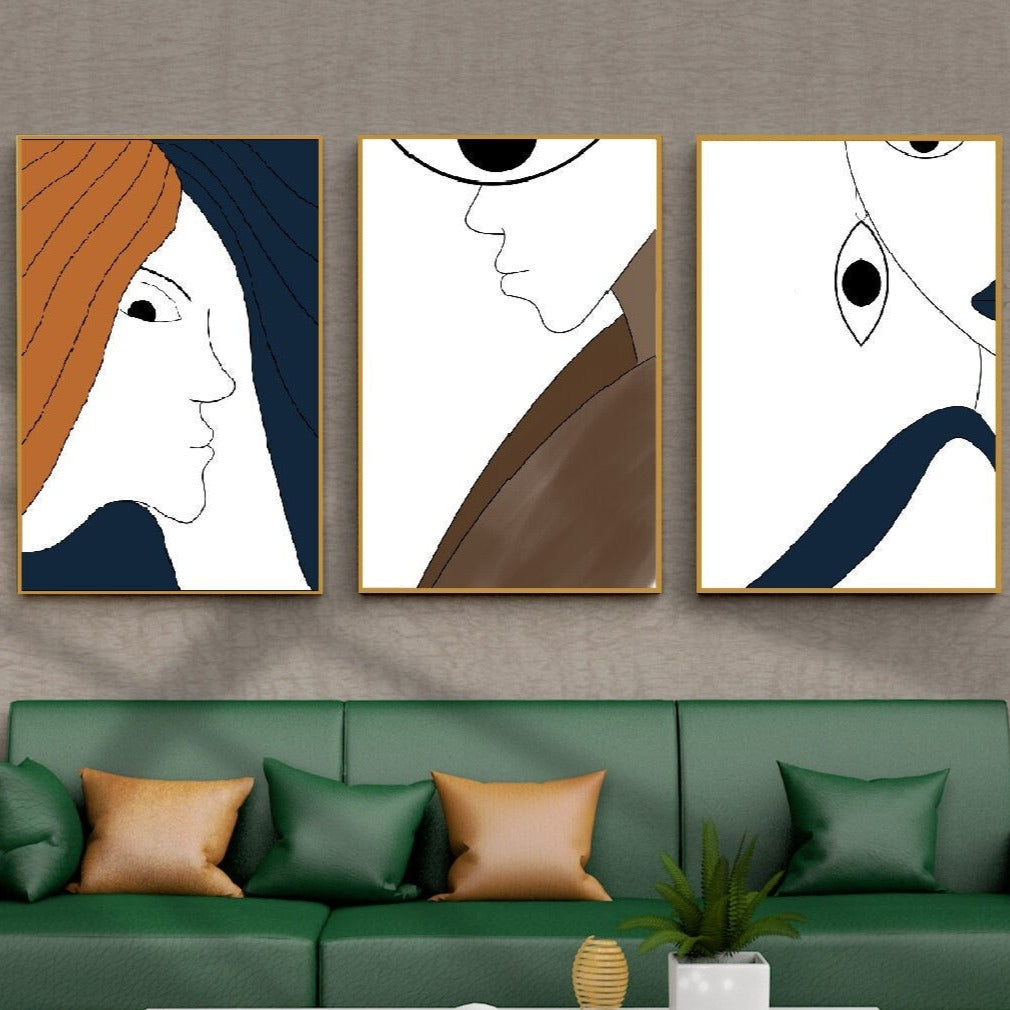 Abstraktes Floater-Rahmen-Set mit 3 Wandkunstwerken, gerahmte hängende Wanddekoration mit Gesichtern, Set mit drei modernen Leinwanddrucken, weiß-blaue Wandkunst