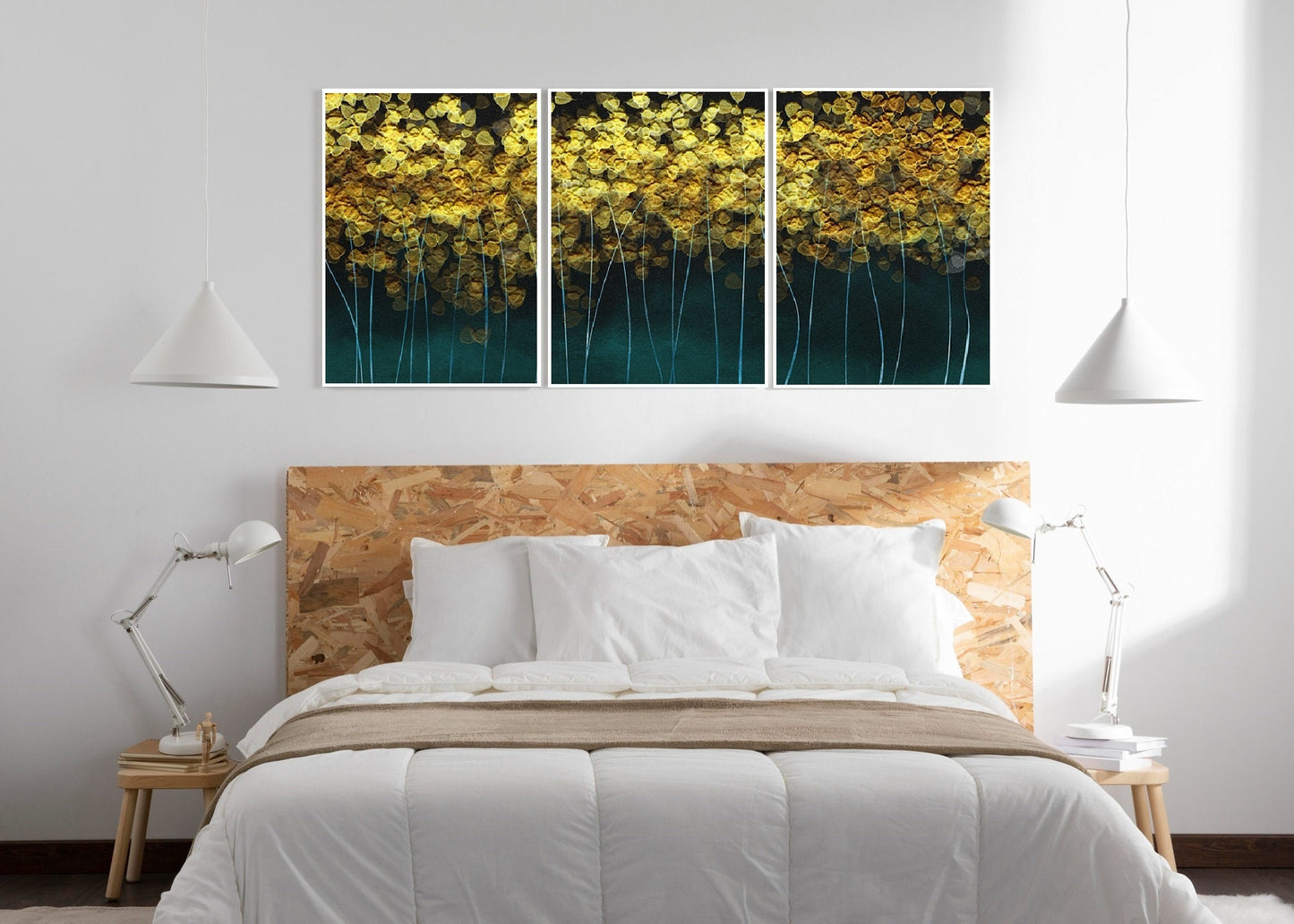 Extra großes Set aus drei naturgerahmten Wandkunstwerken, abstraktes botanisches Leinwandbild im Floater-Rahmen, Wanddekor, goldgrünes Leinwandgemälde