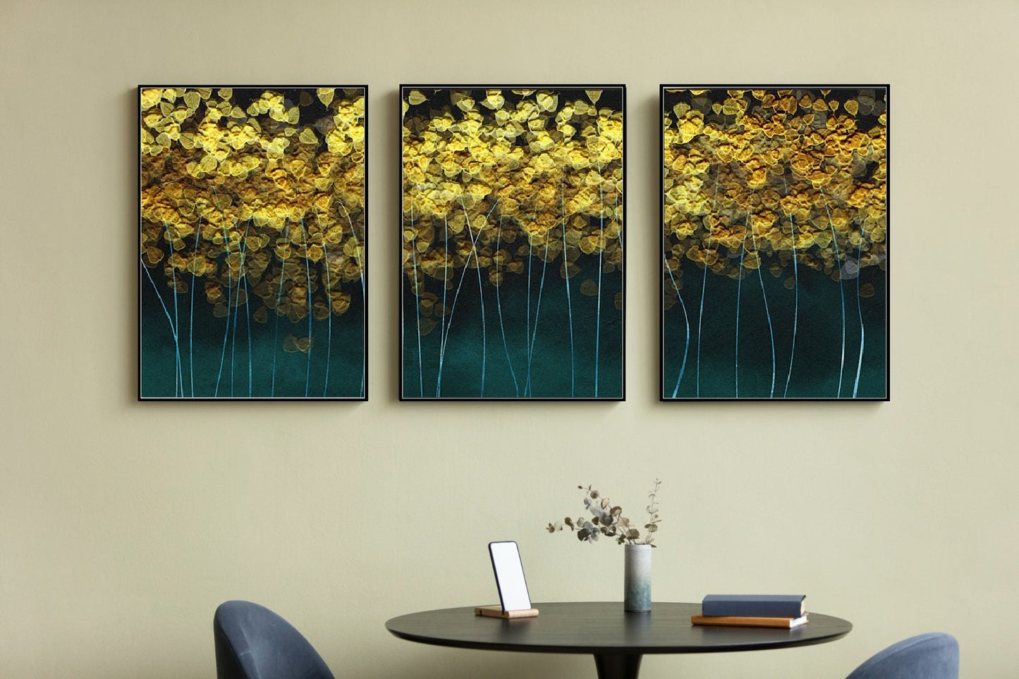 Extra großes Set aus drei naturgerahmten Wandkunstwerken, abstraktes botanisches Leinwandbild im Floater-Rahmen, Wanddekor, goldgrünes Leinwandgemälde