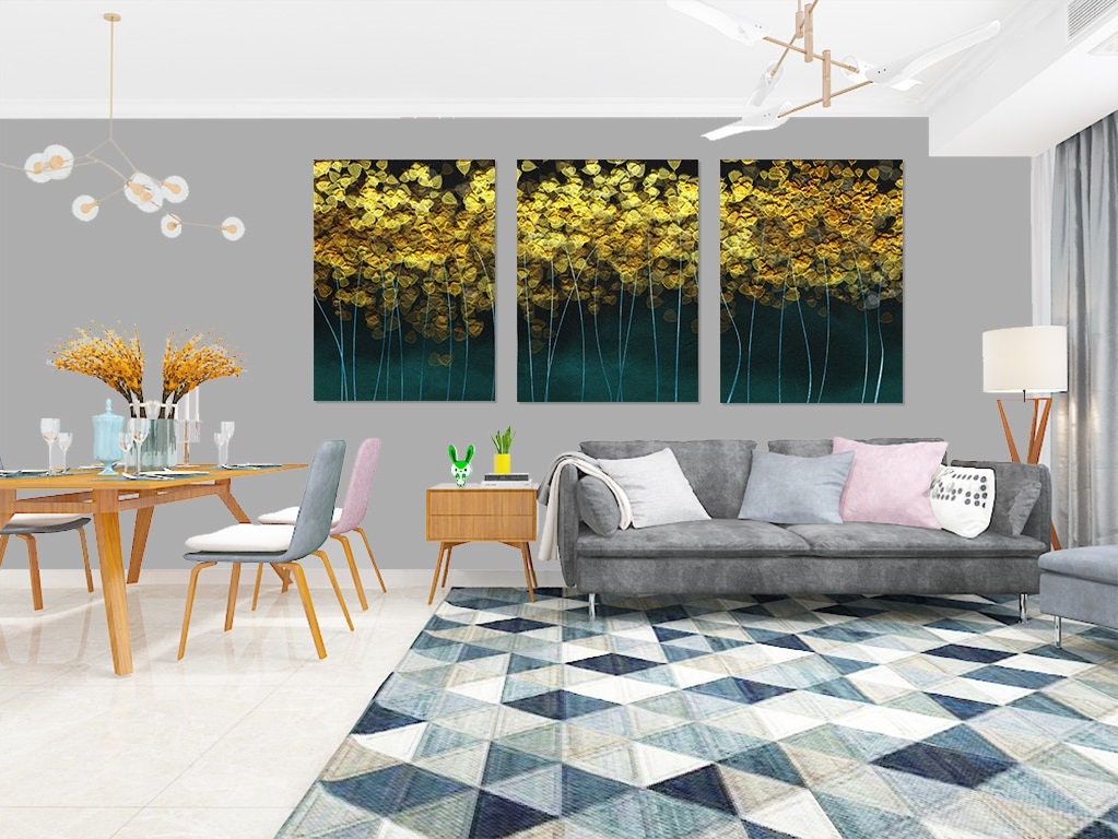 Extra großes Set aus drei naturgerahmten Wandkunstwerken, abstraktes botanisches Leinwandbild im Floater-Rahmen, Wanddekor, goldgrünes Leinwandgemälde