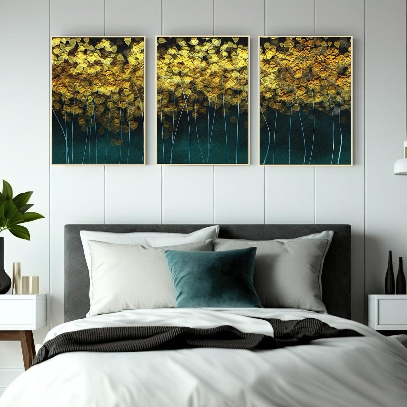 Extra großes Set aus drei naturgerahmten Wandkunstwerken, abstraktes botanisches Leinwandbild im Floater-Rahmen, Wanddekor, goldgrünes Leinwandgemälde