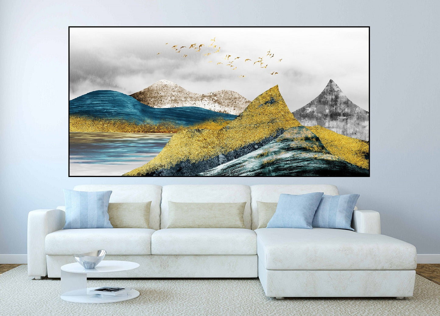 Goldene Berge gerahmte Wandkunst, druckbares Landschaftskunstwerk im Floater-Rahmen, großer blau-goldener Leinwanddruck, Wohnzimmer-Leinwandkunst