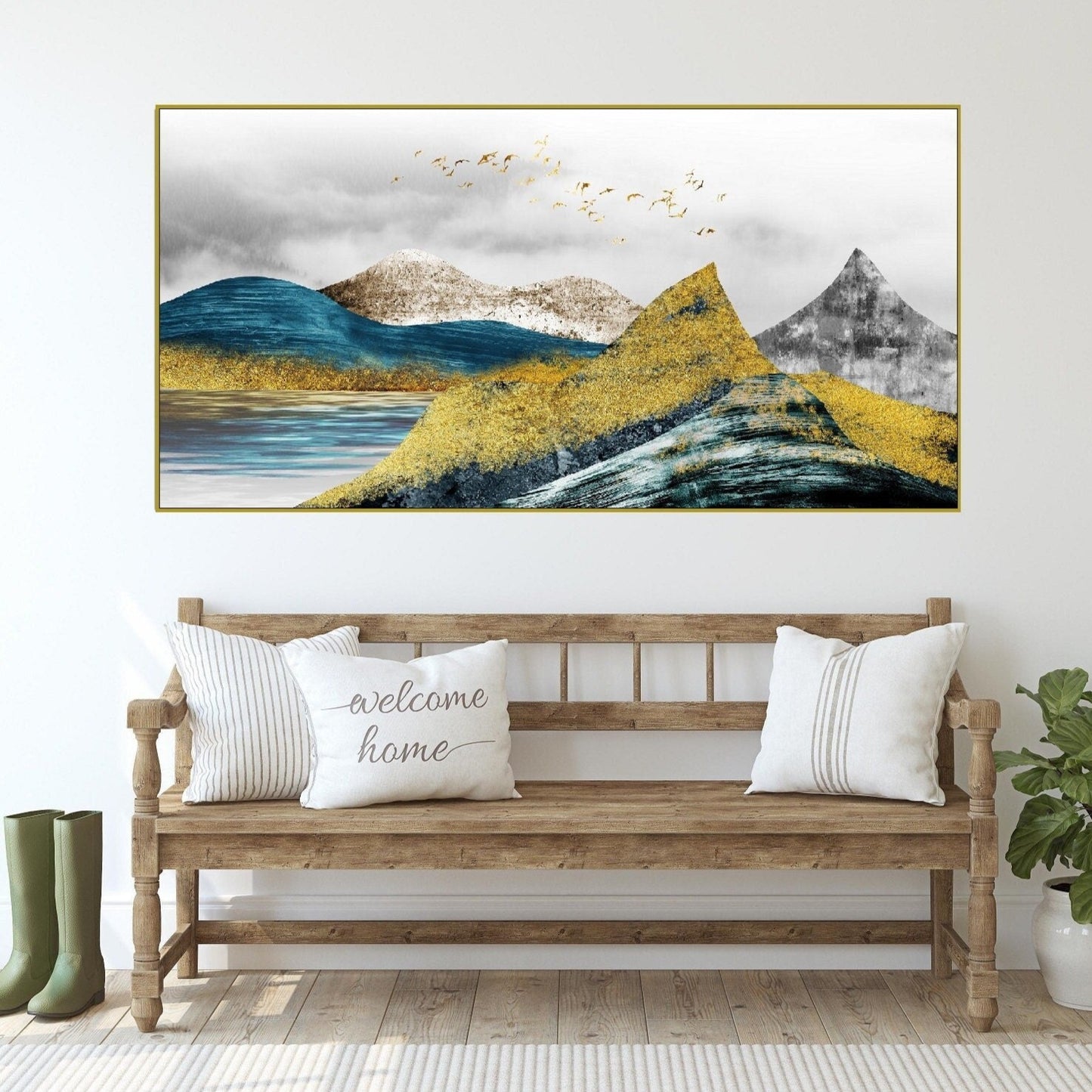 Goldene Berge gerahmte Wandkunst, druckbares Landschaftskunstwerk im Floater-Rahmen, großer blau-goldener Leinwanddruck, Wohnzimmer-Leinwandkunst